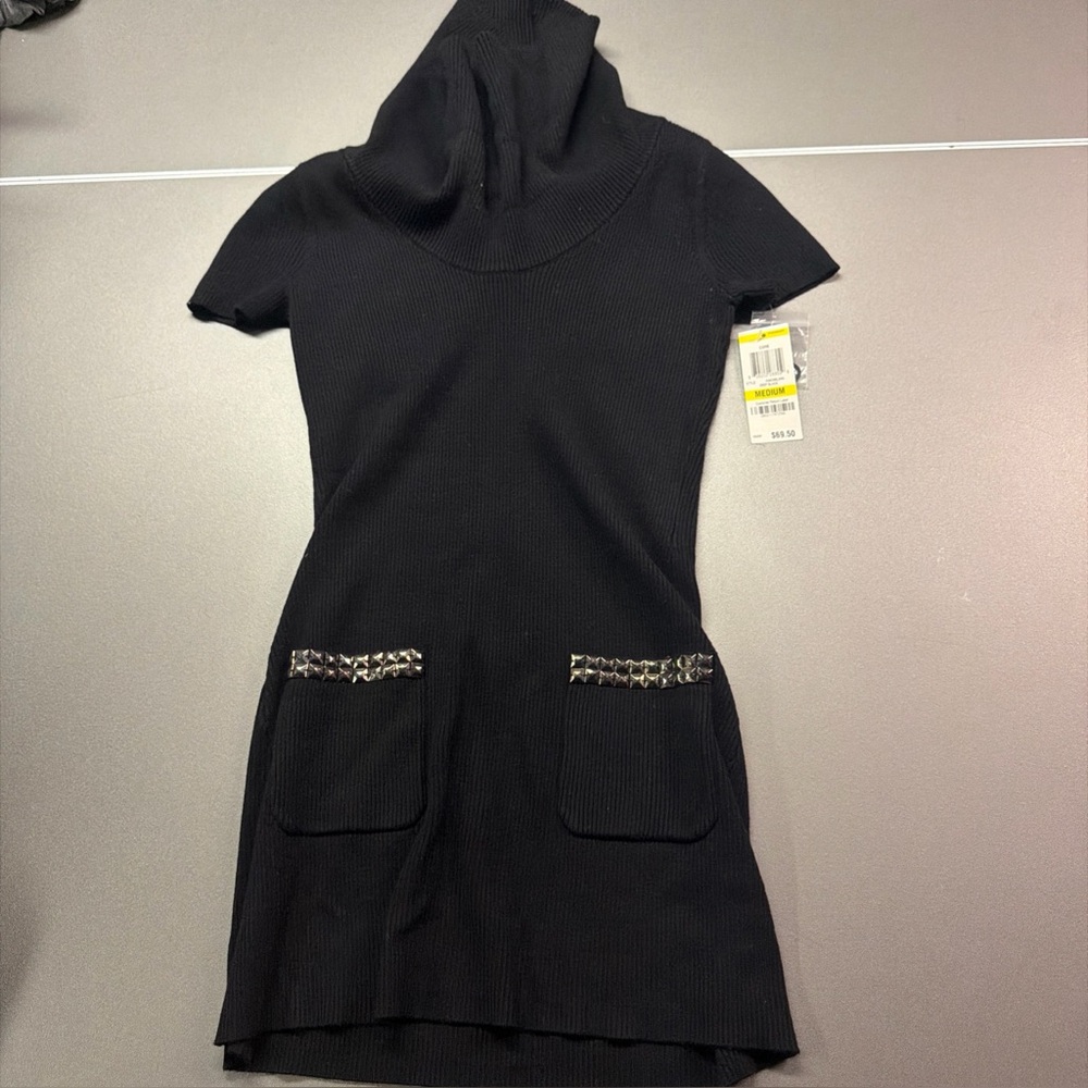 Womens International Concepts Cowl Neck Black Dress Studded Size M Short Sleeve